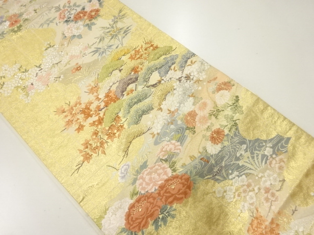 松に牡丹模様織出し袋帯